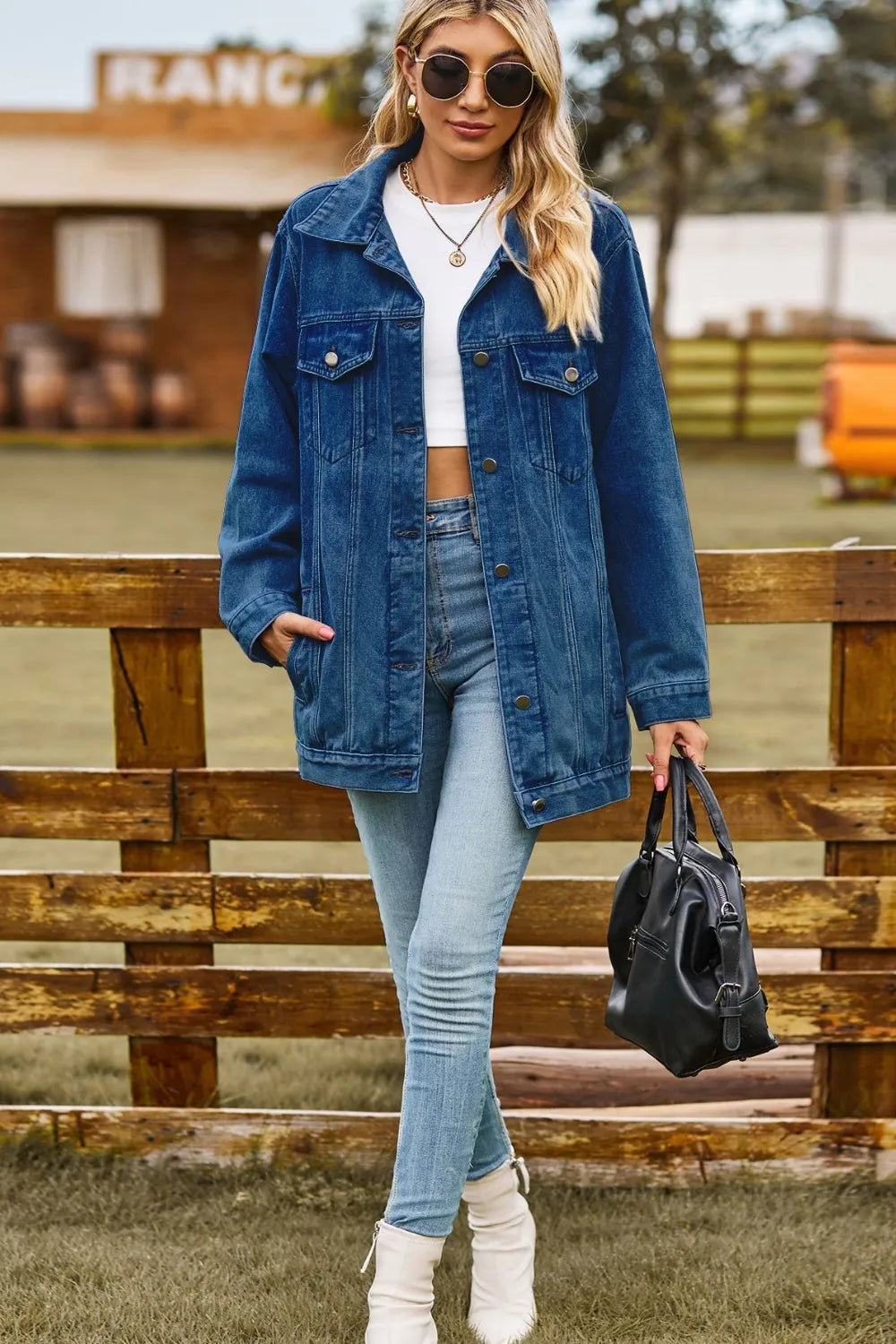 Buttoned Collared Neck Denim Jacket Pockets (16)