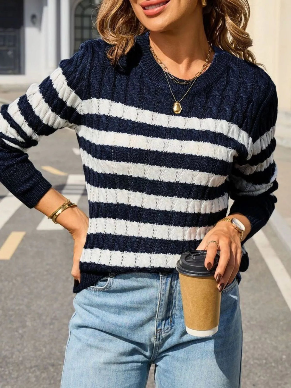 Striped Cable Knit Round Neck Sweater (8)