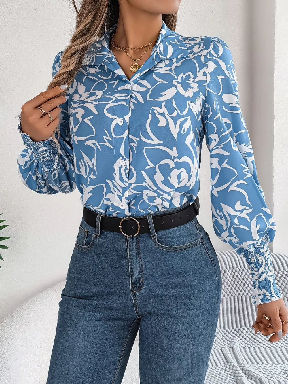 Printed Collared Neck Lantern Sleeve Shirt (5)