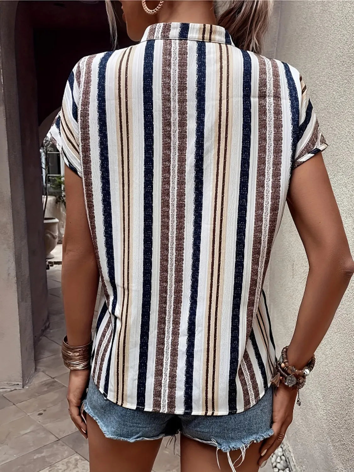 Striped Notched Short Sleeve Shirt (9)