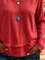 V-neck Frayed Hem Long Sleeve T-shirt (18)