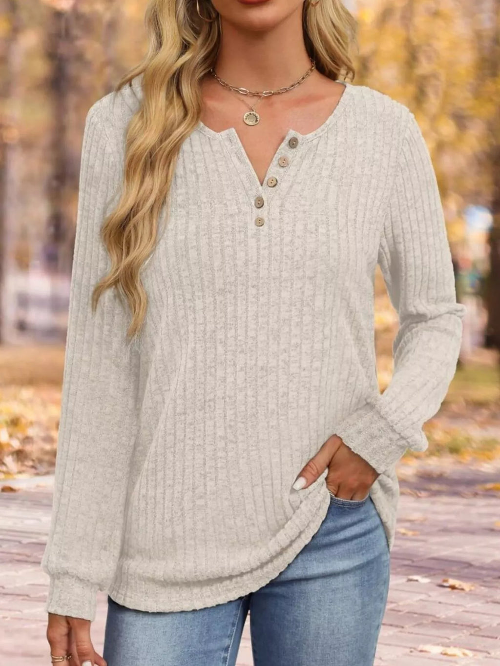 Ribbed Knit Button-front Long Sleeve T-shirt (23)