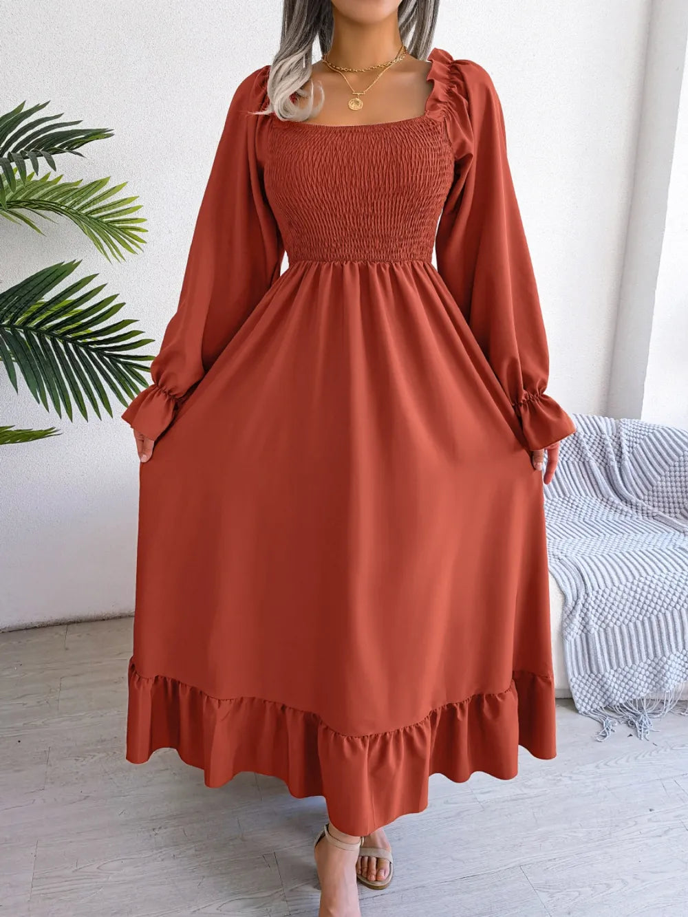 Smocked Square Neck Flounce Sleeve Dress (3)