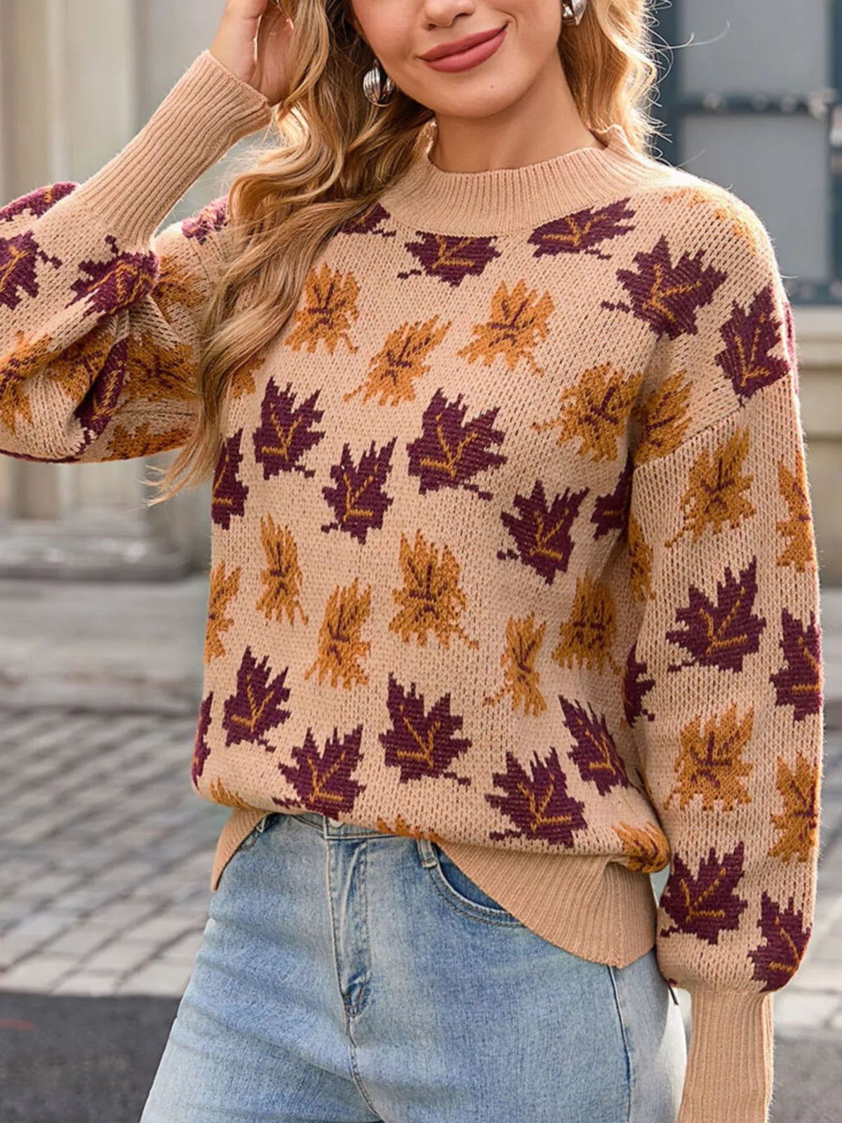 Autumn Leaf Pattern Mock Neck Sweater (4)