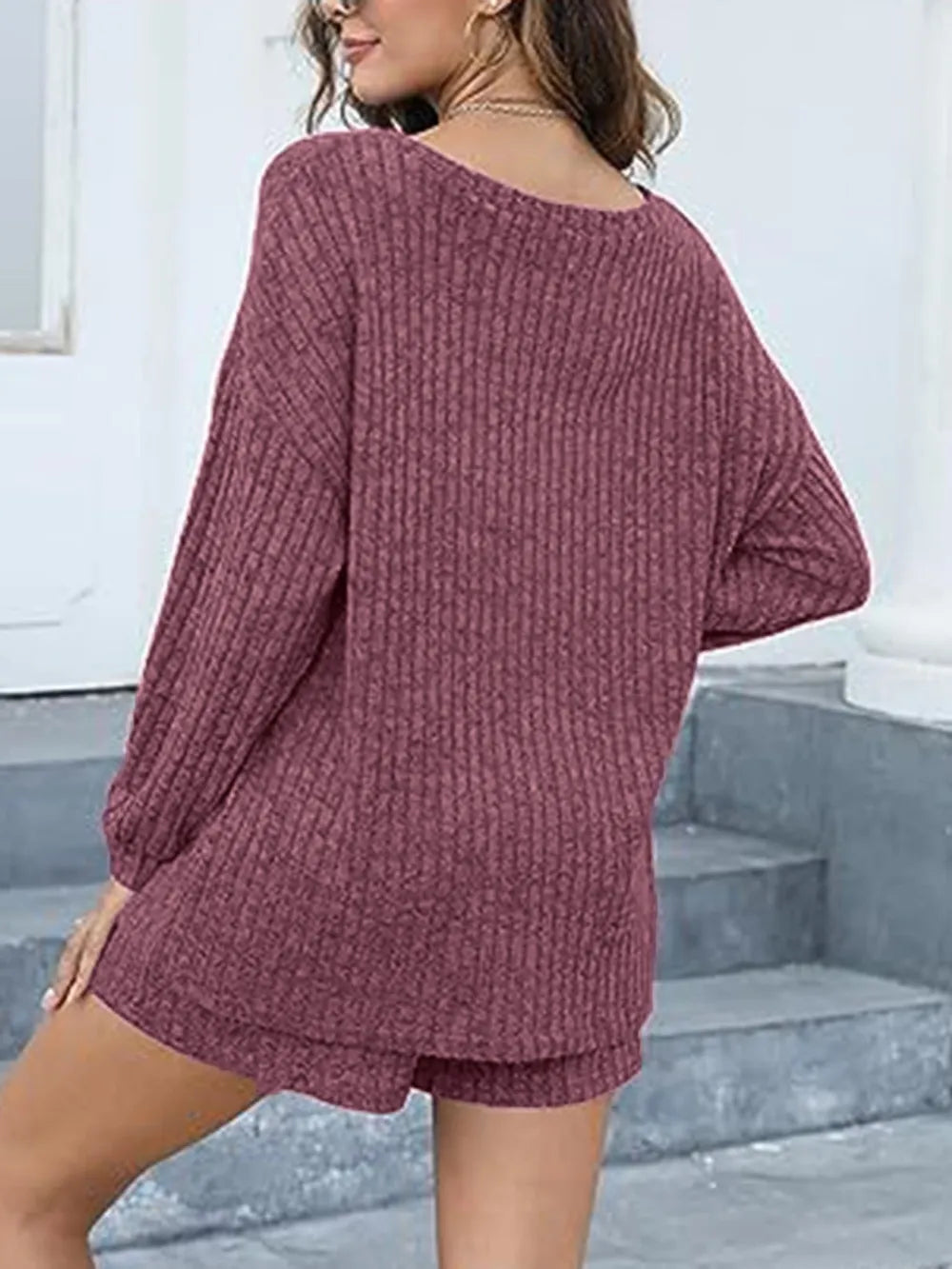 Round Neck Dropped Shoulder Top Shorts Set (2)
