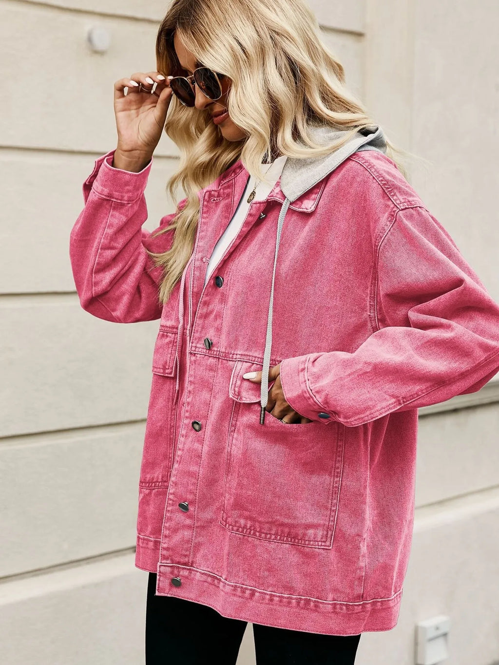 Oversized Button Up Denim Jacket Hood (3)