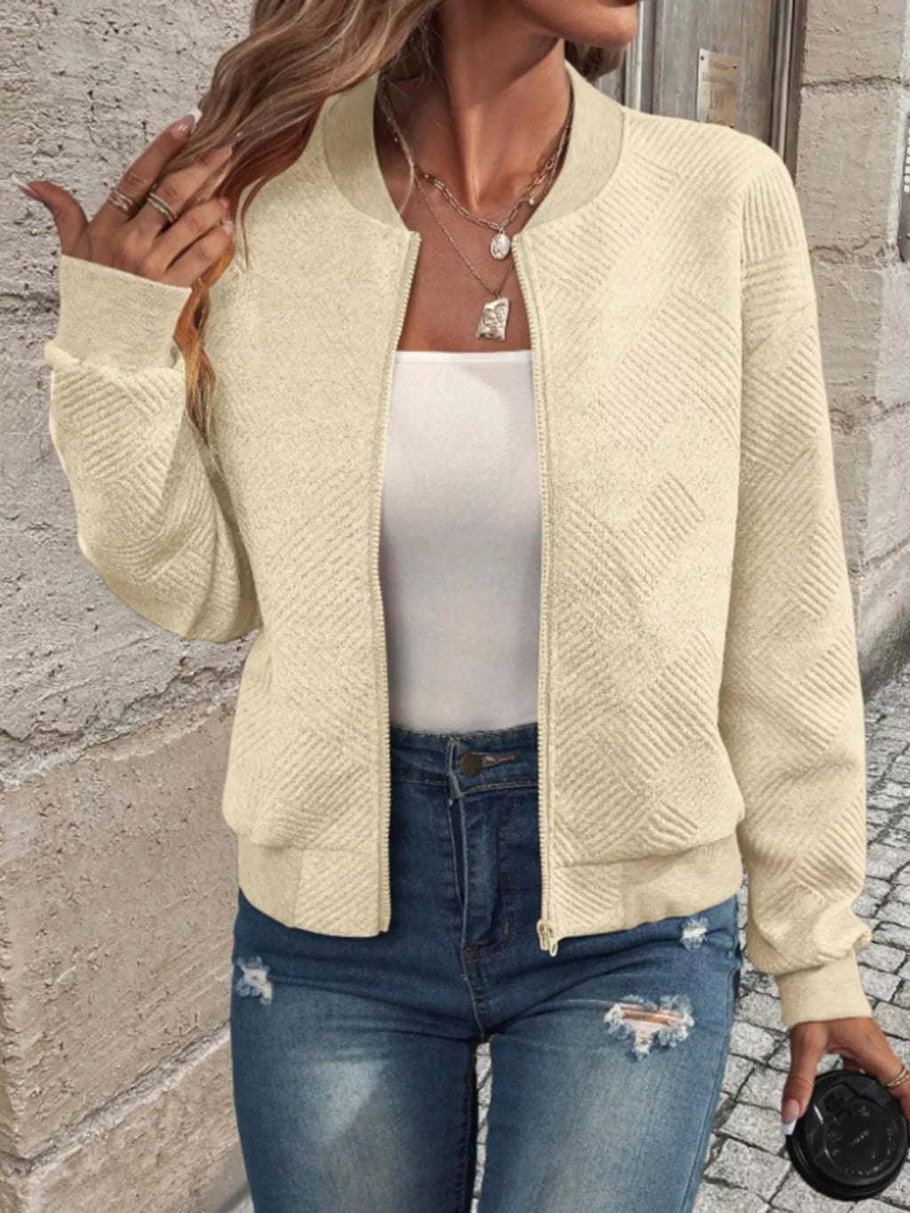 Textured Knit Zip-up Bomber Jacket
