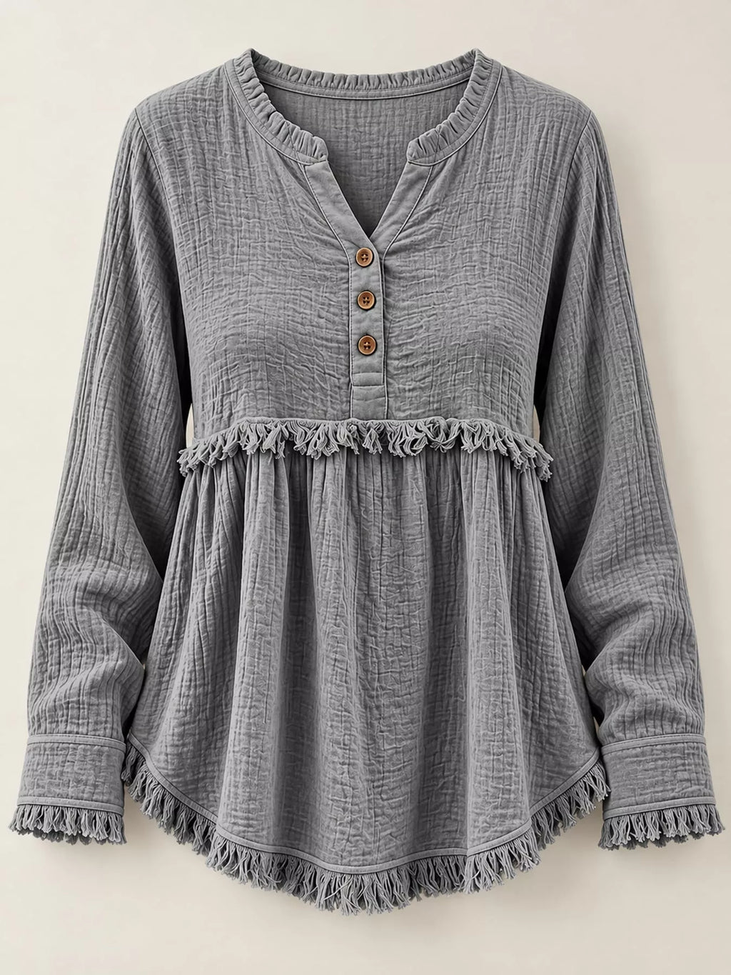 Full Size Frayed Hem Button Detail Blouse Plus (19)