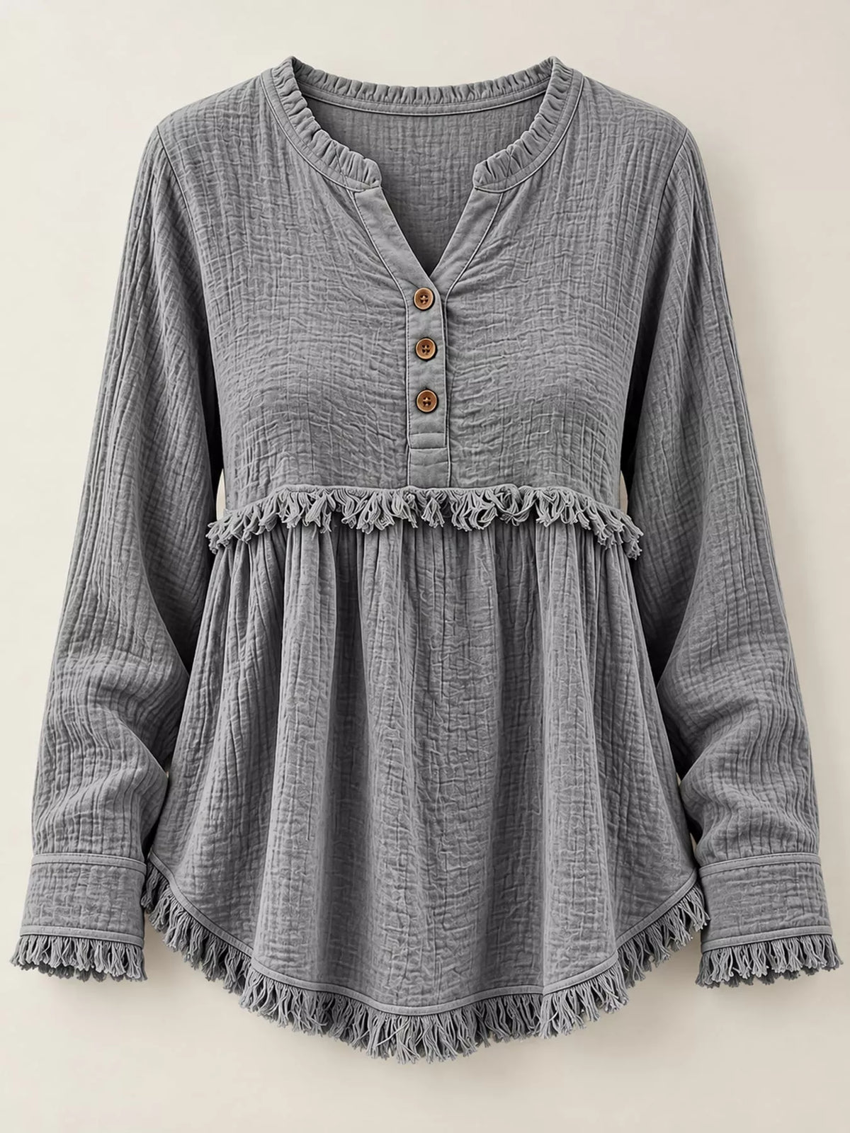 Full Size Frayed Hem Button Detail Blouse Plus (19)