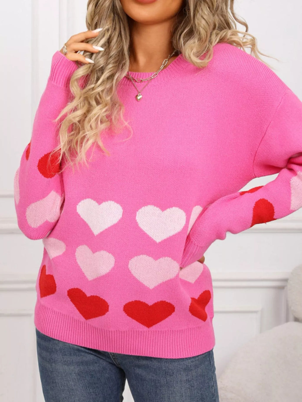 Valentine's Day Heart Pattern Crew Neck Sweater (8)