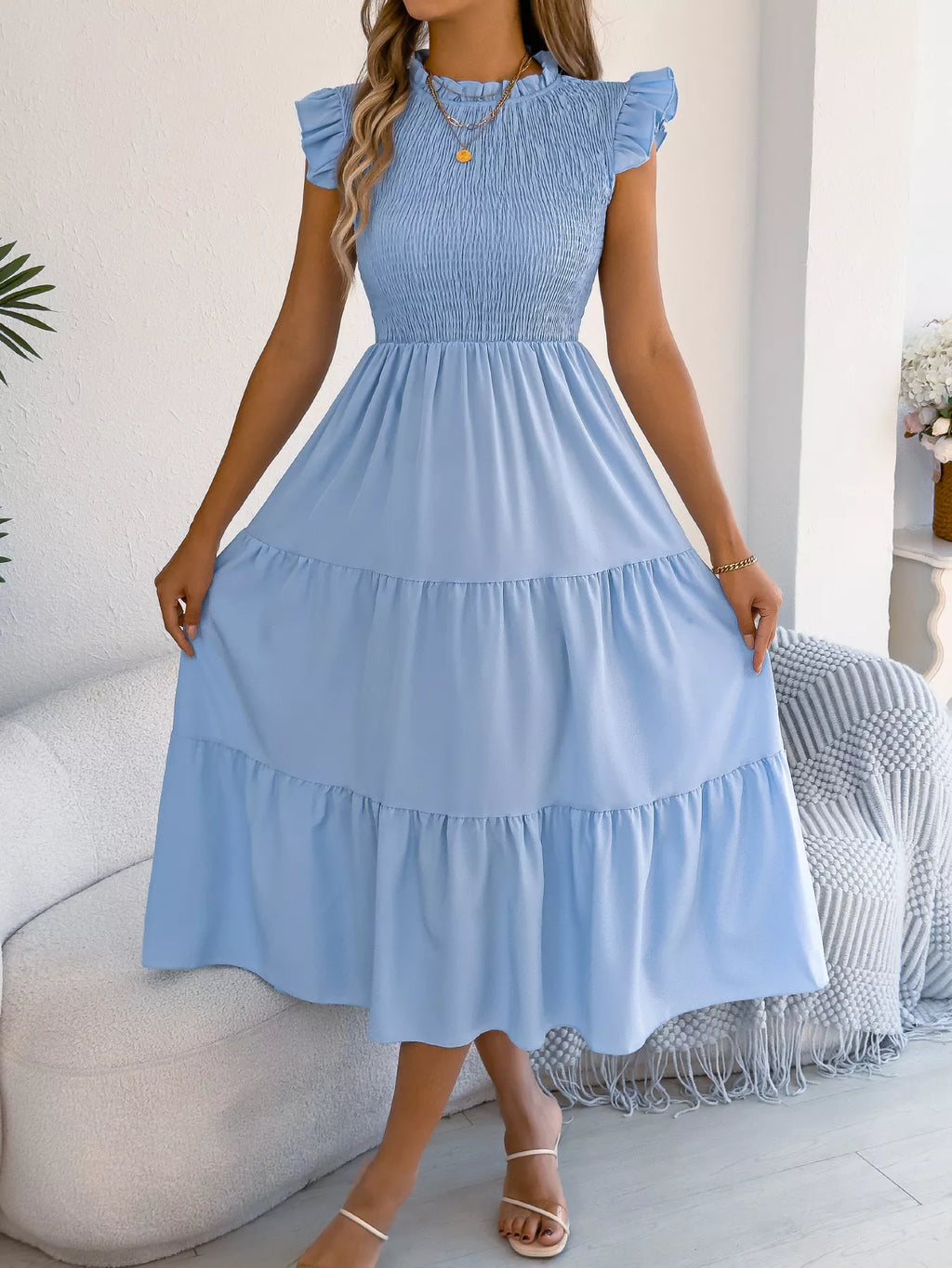 Smocked Ruffled Cap Sleeve Dress (14)
