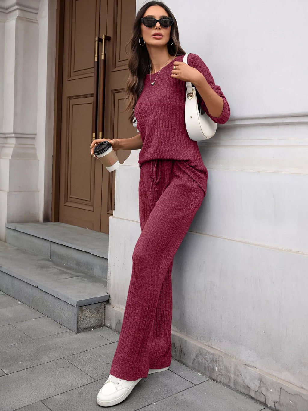 Ribbed Round Neck Top Pants Set (19)