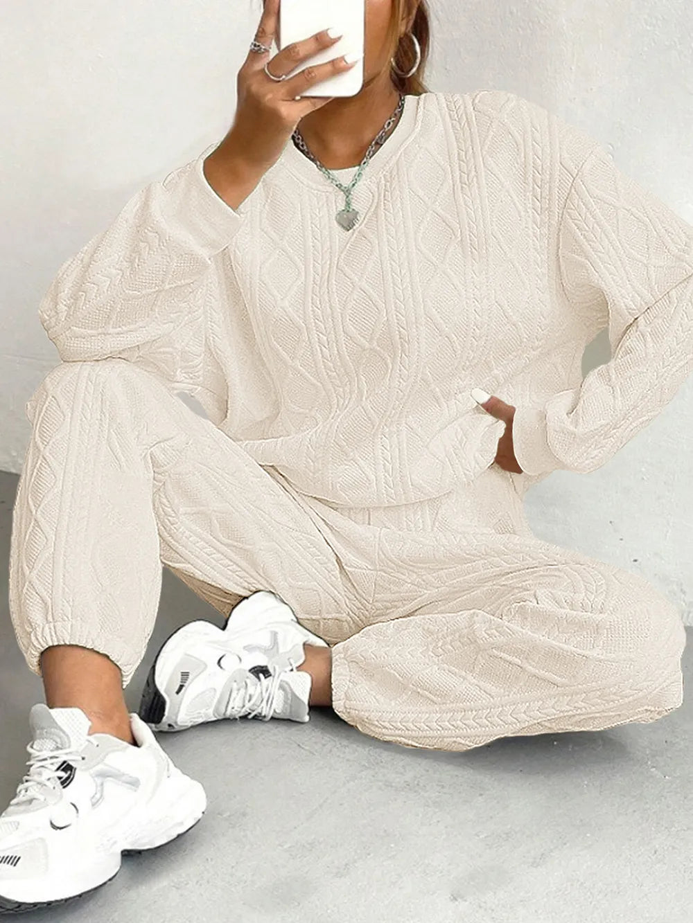 Texture Round Neck Top Pants Set (12)