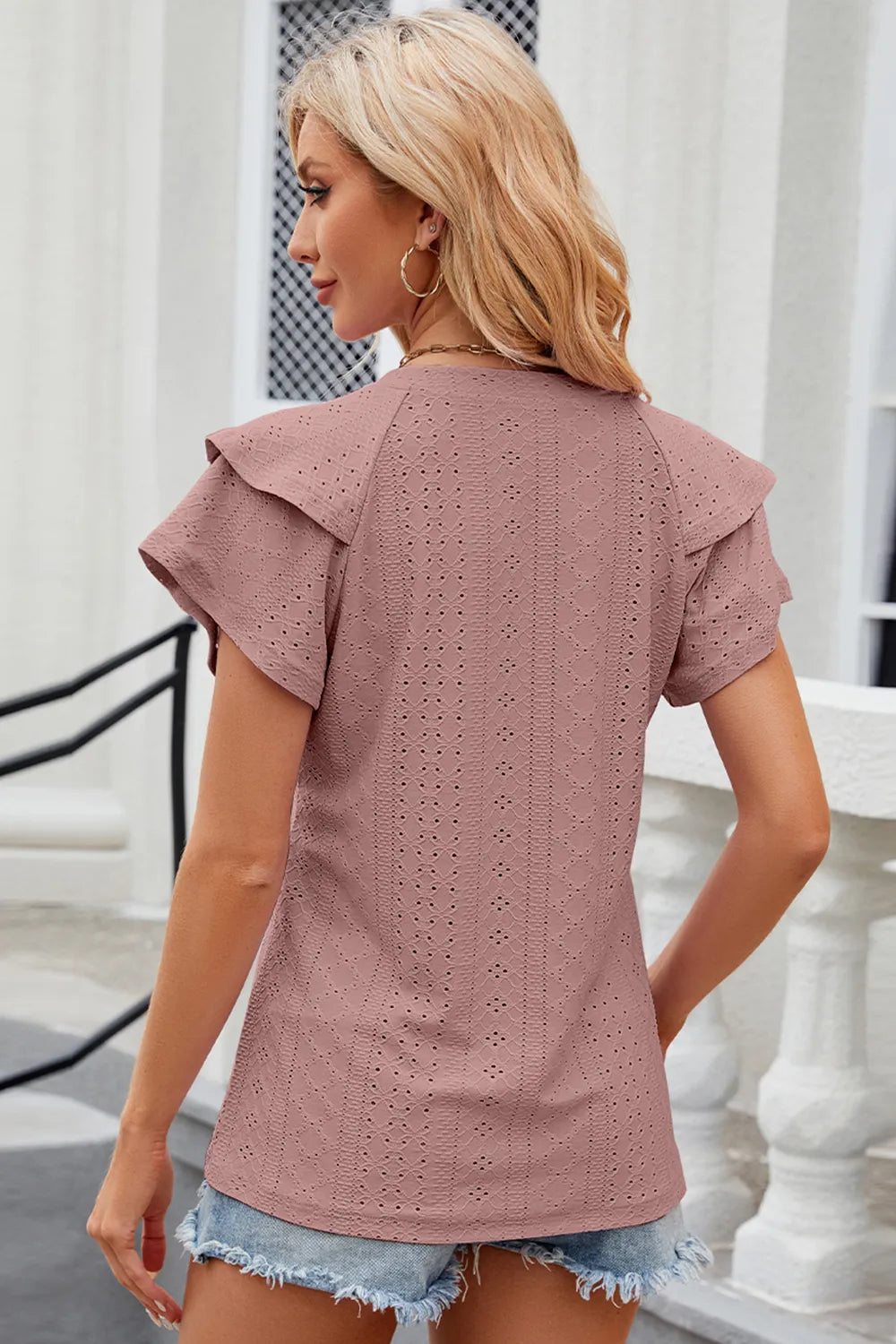 Eyelet Notched Flutter Sleeve T-shirt (16)