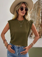 Textured Round Neck Cap Sleeve Top (17)