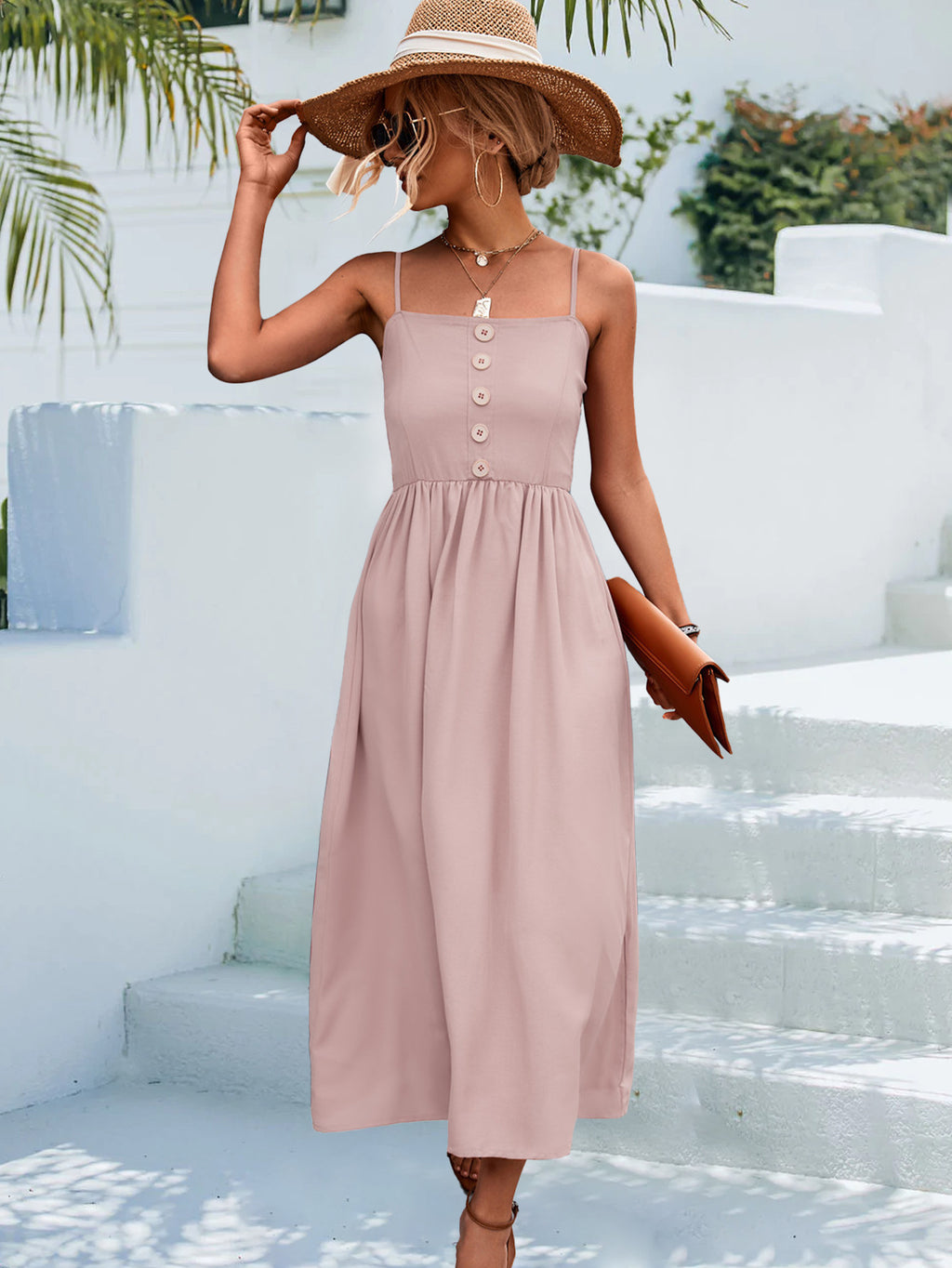 Decorative Button Spaghetti Strap Midi Dress (18)