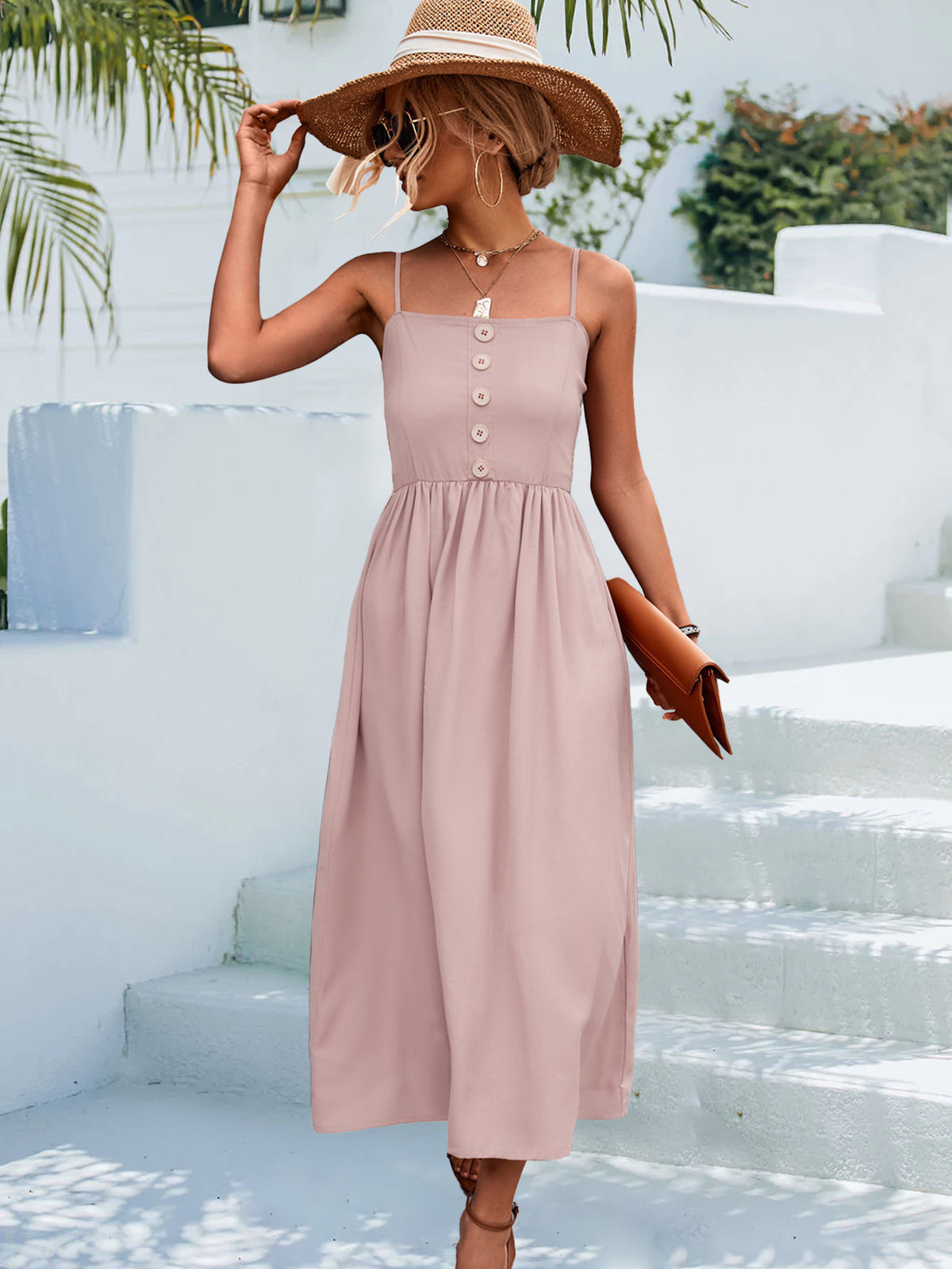 Decorative Button Spaghetti Strap Midi Dress (18)