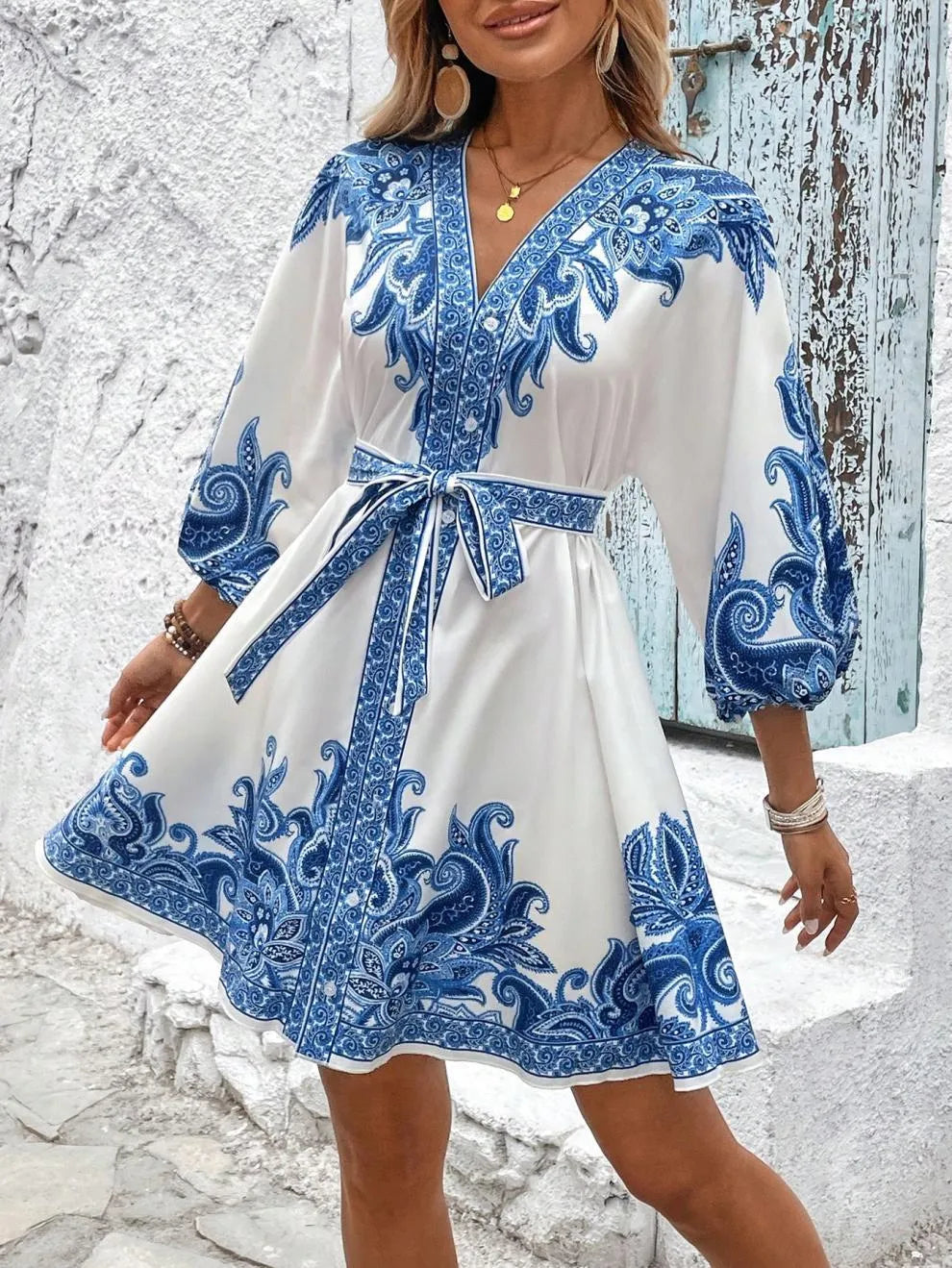 Paisley V-neck 3/4 Sleeve Mini Dress (6)