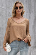 V-neck Spliced Lace Flare Sleeve Top (4)