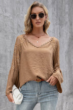 V-neck Spliced Lace Flare Sleeve Top (4)