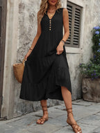 Decorative Button Notched Sleeveless Dress (9)