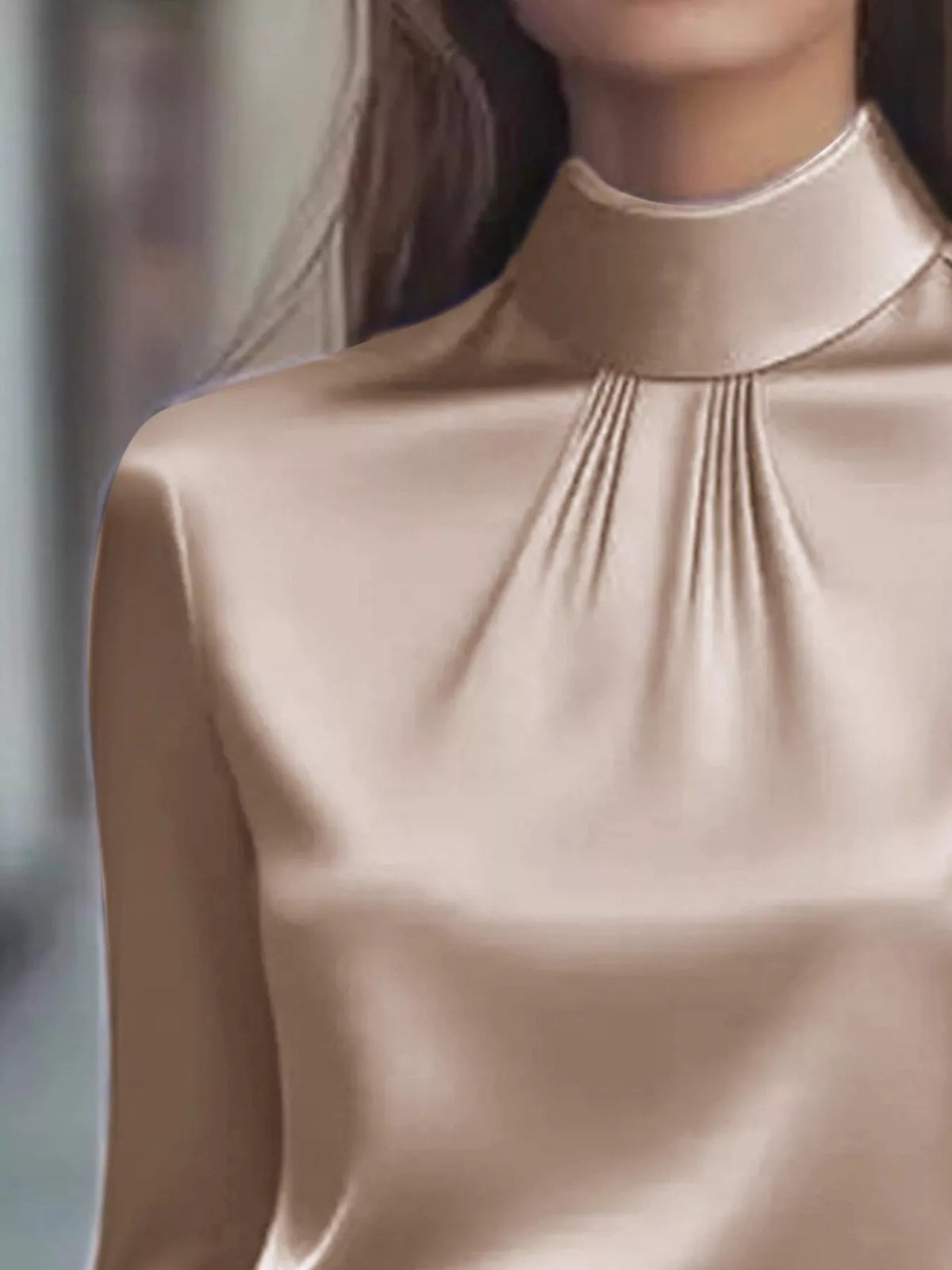 Mock Neck Long Sleeve Blouse Pleated Detail (5)