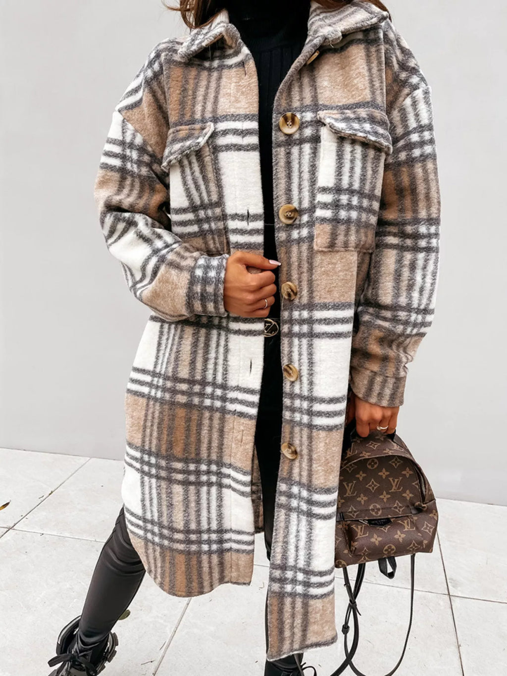 Longline Plaid Button Up Coat (16)