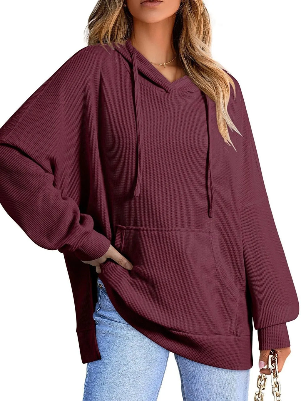 Slit Drawstring Waffle Knit Hoodie (10)