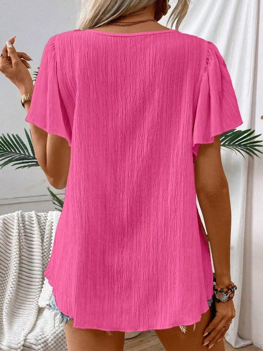 Embroidered Square Neck Flutter Sleeve Blouse (24)
