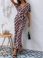 Printed Surplice Tie Waist Short Sleeve Jumpsuit (4)