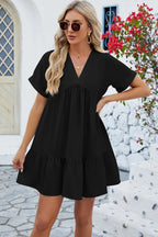 Ruched Tiered V-neck Short Sleeve Mini Dress (5)
