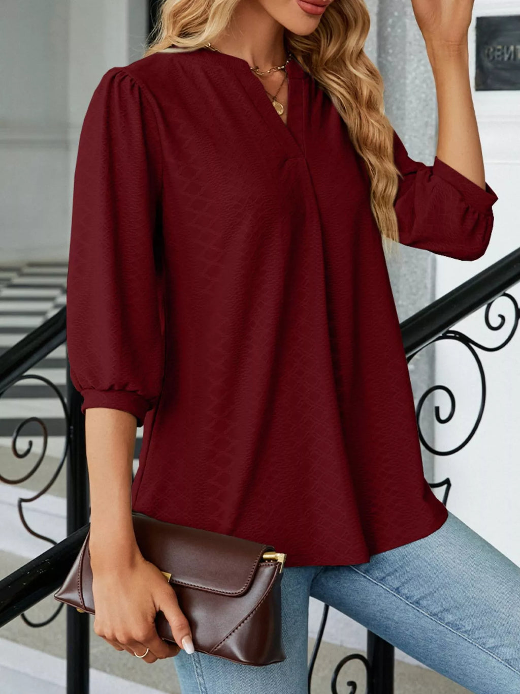Notched 3/4 Sleeve Casual Top (25)