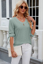 Eyelet Drawstring V-neck Half Sleeve T-shirt (30)