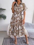 Printed Collared Neck Short Sleeve Tie Waist Dress (9)