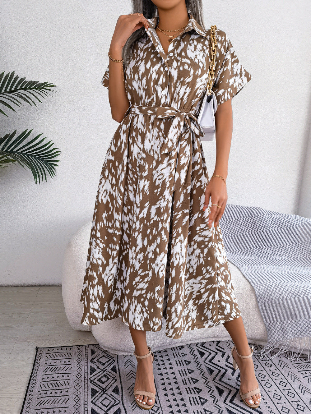 Printed Collared Neck Short Sleeve Tie Waist Dress (9)