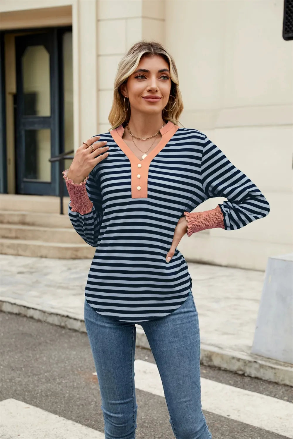 Contrast Striped Notched Long Sleeve Top (18)