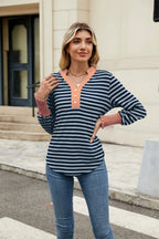 Contrast Striped Notched Long Sleeve Top (18)
