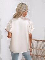 Button Down Collared Neck Short Sleeve Satin Shirt (28)