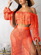 Full Size Crochet Off-shoulder Fringe Top Skirt Set Plus (8)