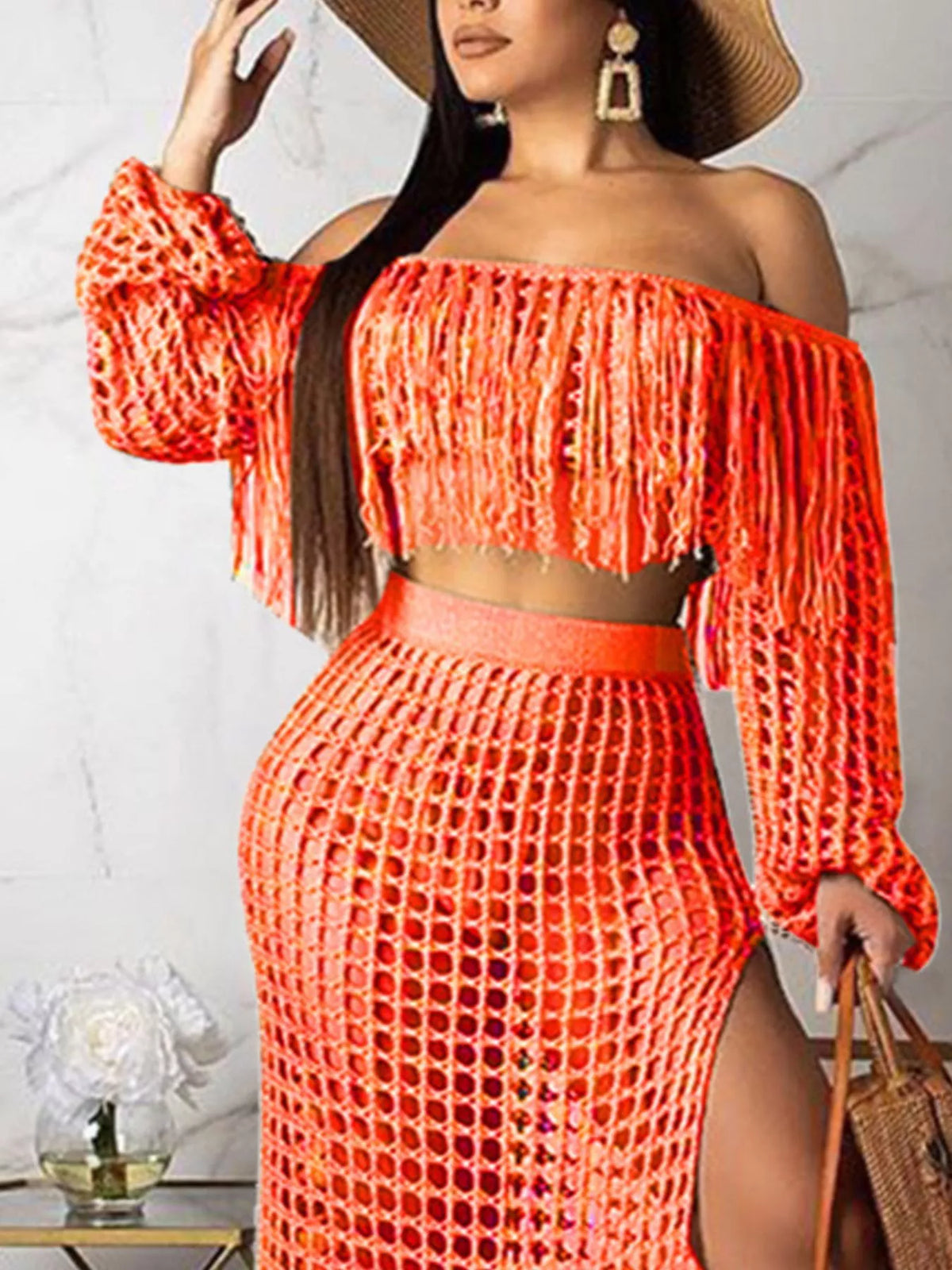 Full Size Crochet Off-shoulder Fringe Top Skirt Set Plus (8)