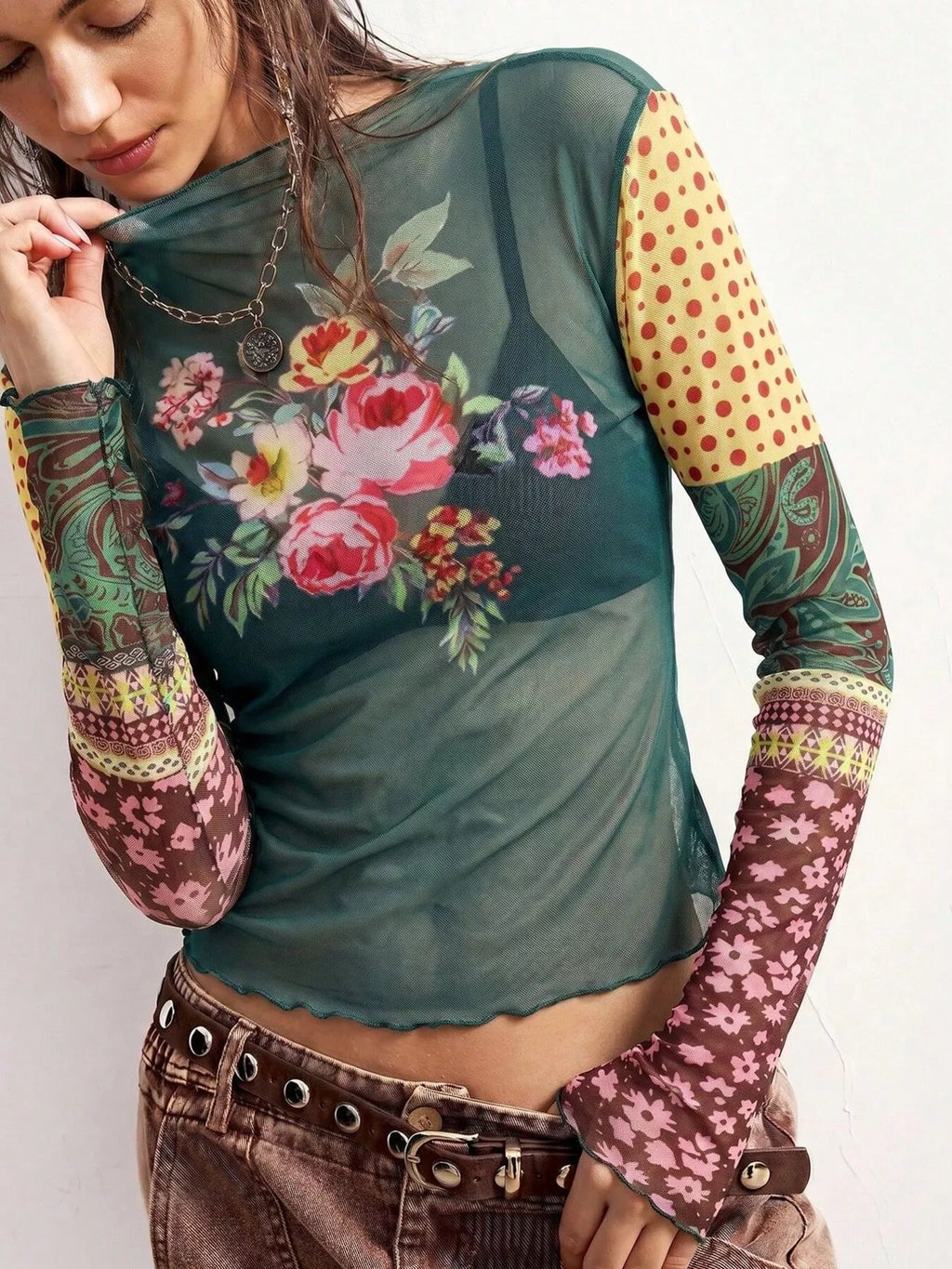Floral Print Mesh Mock Neck Long Sleeve Top (8)