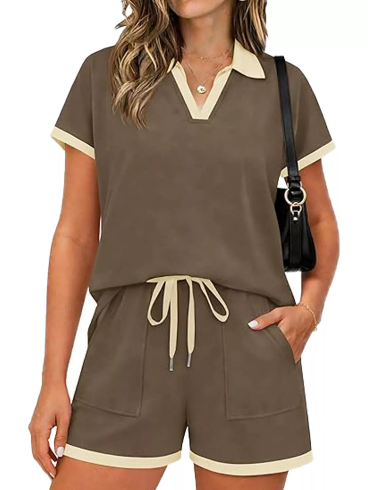 Polo Collar Short Sleeve Top Shorts Set (18)