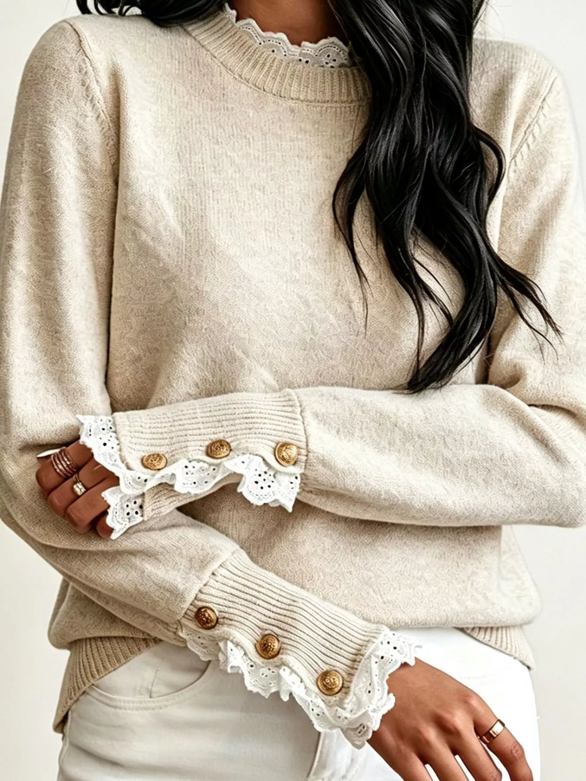 Lace Trim Mock Neck Sweater (2)