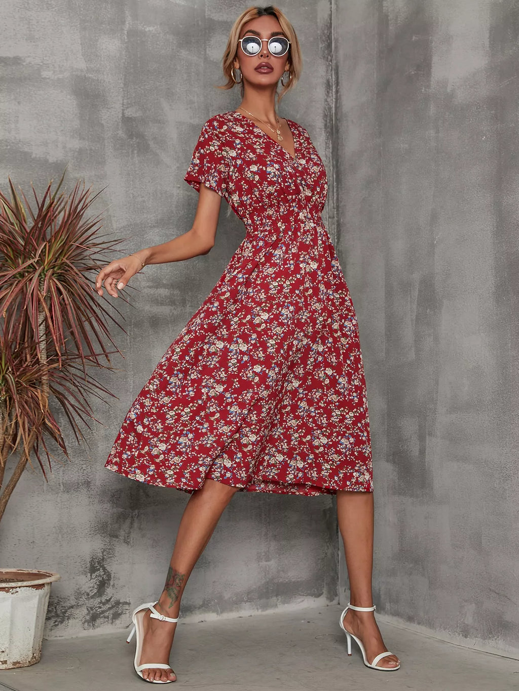 Printed Short Sleeve Midi Dress (14)