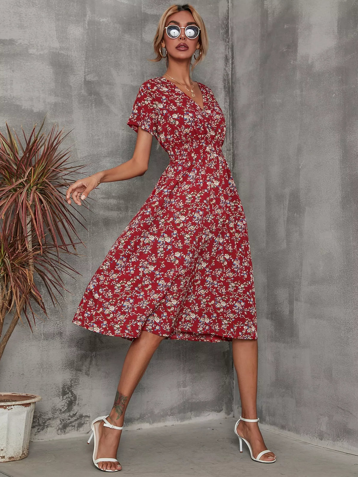 Printed Short Sleeve Midi Dress (14)