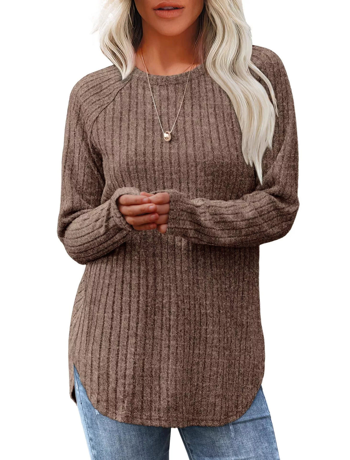 Casual Ribbed Knit Long Sleeve T-shirt