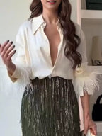 Fringe Long Sleeve Shirt Skirt Set