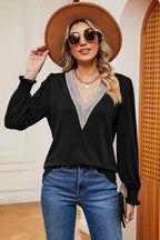 Lace Detail V-neck Lantern Sleeve T-shirt (4)