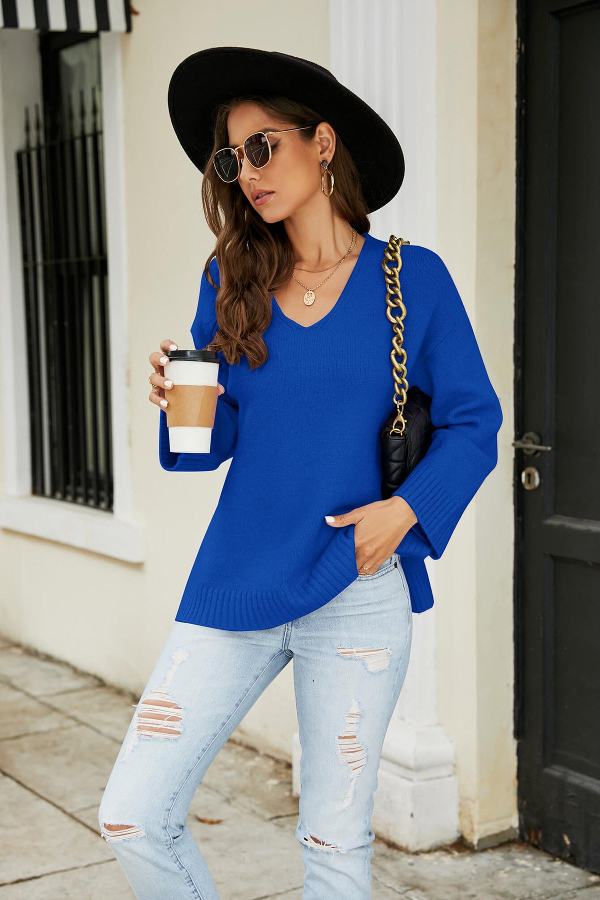Drop Shoulder V-neck Knit Pullover (8)