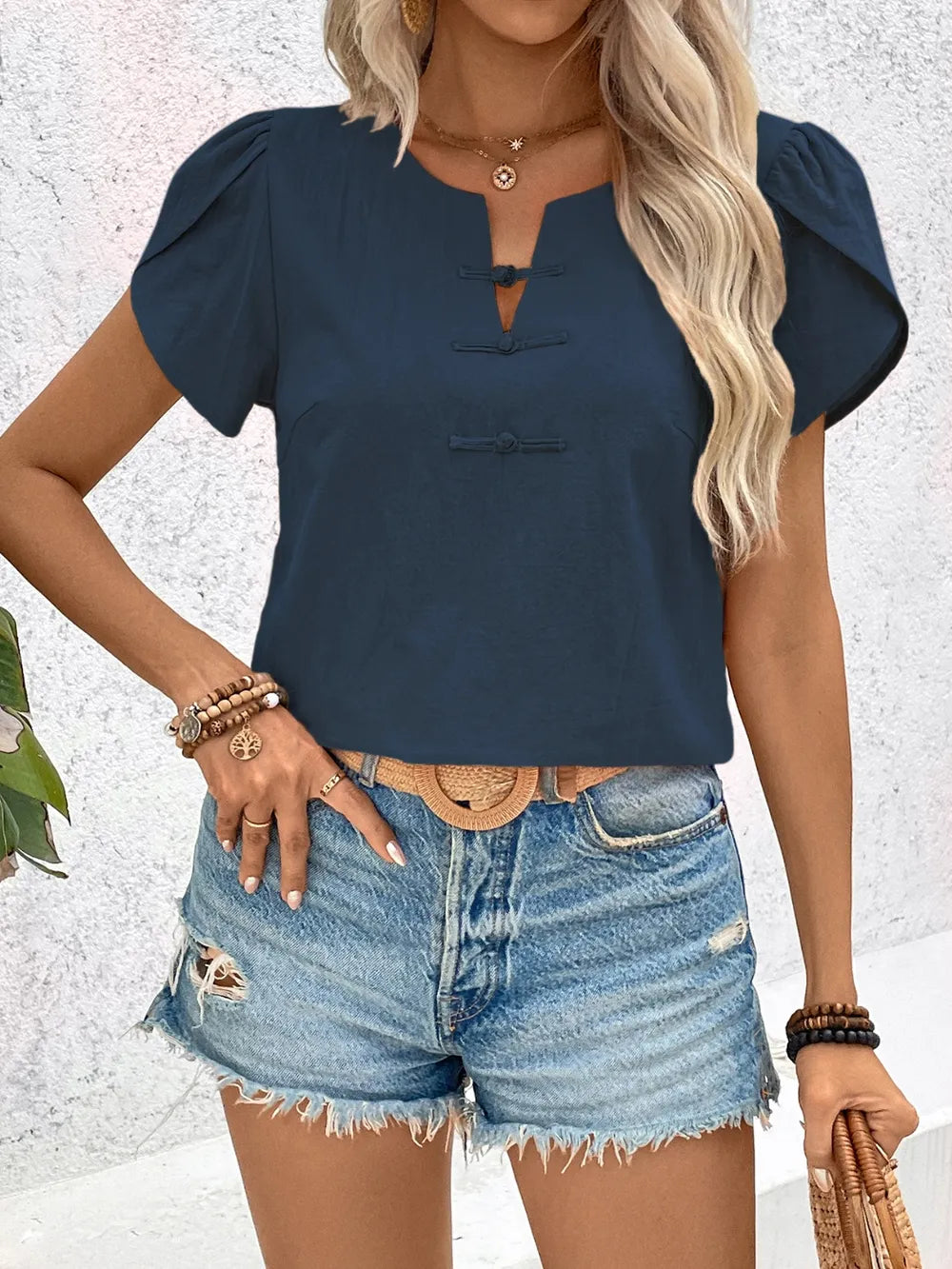 Notched Short Sleeve Blouse (11)